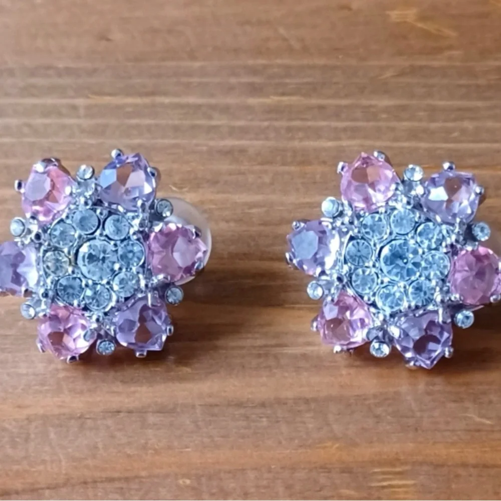 St. John Clip-on Flower Earrings with Pink/white Swarovski Crystals - Picture 2 of 3